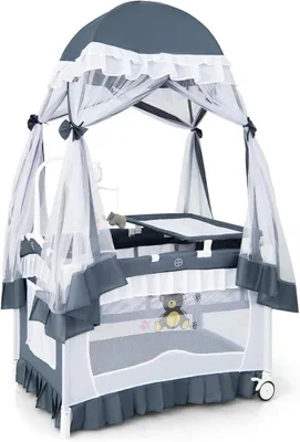 Imagen del producto de Cuna para bebé 4 en 1 con colchón, cuna auxiliar con dosel desmontable, arco de juegos y caja de música, cuna de viaje para bebé con ruedas, cuna de viaje para niños de 0 a 36 meses (gris)