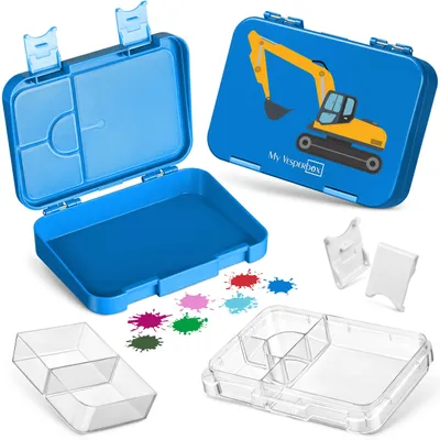 Produktbild von My Vesperbox® Brotdose für Kinder mit Fächern [LEN] - Lunchbox mit Trennfächern - Bento Box - Jausenbox - Brotzeitbox für Schule & Kindergarten - Vesperdose für Jungen & Mädchen – Blau Bagger