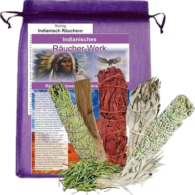 Produktbild von Weißer Salbei zum räuchern 5X Bundles 7-TLG Set mit Drachenblut Beifuß Palo-Santo Zeder BeschreibungRäucheranleitung Täschchen + Booklet.