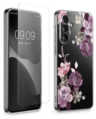 Produktbild von kwmobile Hülle kompatibel mit Samsung Galaxy A56 5G Handyhülle - Silikon Case transparent - Mit Glas Schutzfolie - Blumenblüten und Rosen Pastelllila