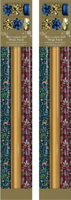Obrázok produktu pre Metalický vianočný baliaci papier KE139 - 150 x 70 cm - 6 roliek a 4 kraftové stuhy a 8 kraftových mašlí