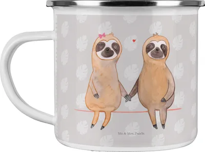 Produktbild von Mr. & Mrs. Panda Teetasse Faultier Pärchen - Grau Pastell - Geschenk, Emaille Becher, Relaxen, Liebe, Blechtasse, emaillebecher, Liebespaar, blechbecher, Pott