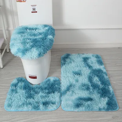 Produktbild von WC-Deckelbezug Badematten-Badteppich Set 3 Teiliges, rutschfeste Shaggy Badteppich, Langflor Toilettensitzbezug Tie Dye(Hellblau）