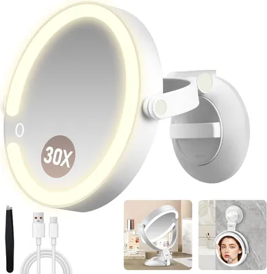 Image de Miroir grossissant avec ventouse - Grossissement x30 - Miroir de maquillage double face avec éclairage - Miroir de salle de bain avec 3 modes d'éclairage