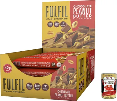Produktbild von Fulfil Vitamine und Proteinbalken (15 Bars 40 g) - Schokoladengeschmack und Erdnussbutter - 15 g Protein mit hohem Proteingehalt, 9 Vitamine, niedriger Zuckergehalt + Italian Gourmet polpa 400g