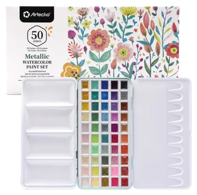 Produktbild von Artecho Aquarellfarben Wasserfarbe Set - 50 Metallic Farben im praktischen Metalletui - egal ob unterwegs oder Zuhause - für Anfänger und Profis
