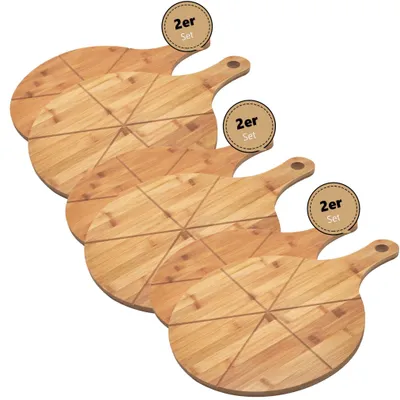 Produktbild von hausleben Pizzabrett 33 cm Bambus 6er Set – Rundes Schneidebrett mit Griff und Schneiderillen – Holz Pizzateller für Flammkuchen, Holzteller Servierbrett für Pizza, Leicht zu Reinigen
