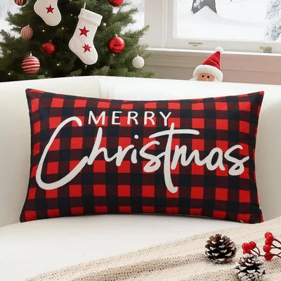 Obrázek produktu pro Dekorační povlak na polštář, vánoční motiv, červený, kostkovaný, 30x50 cm, materiál: polyester a len, 1 kus