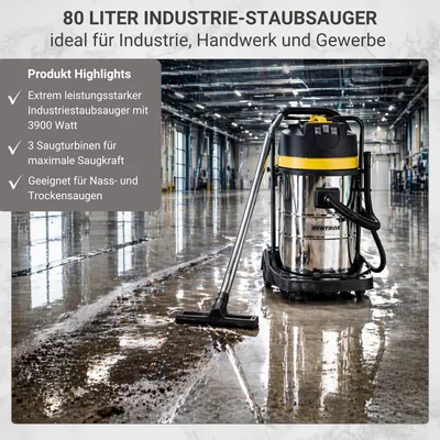 Immagine prodotto di Aspirapolvere industriale | 3900W | 80L | Acciaio inossidabile | Aspirapolvere per uso umido e secco - Samaka
