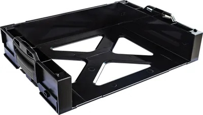 A black plastic storage tray with an open, geometric design.
