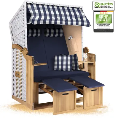 Produktbild von Strandkorb Ostsee 2-Sitzer 120cm breit in Weiß Beige Blau zerlegt, ideal für Balkon, Terrasse oder Garten