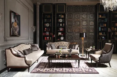 Image de Canapé quatre places trois fauteuils gris Canapé en tissu rembourré
