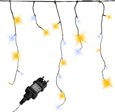Icicle lights with star-shaped bulbs and a power adapter.