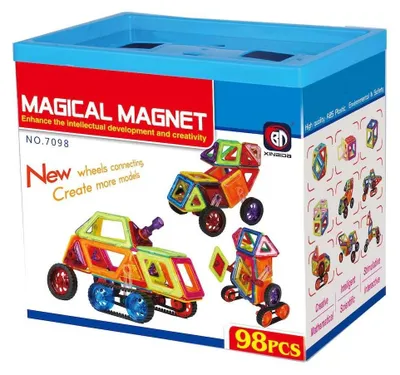 Zdjęcie produktu dla Magical Magnet – klocki magnetyczne – zestaw 98 elementów (elementy o długości 4–23 cm, 30 instrukcji montażu w formacie A5, różnorodne kształty i kolory) – rozwijają logiczne myślenie i kreatywność, od 4 lat, certyfikaty CE i EN71