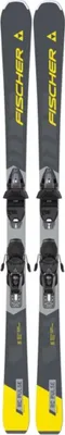 A pair of skis with bindings, shown from a top-down perspective against a white background.