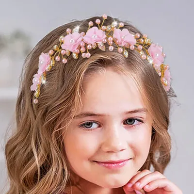 Image de Bandeau pour la première communion - Fleur rose et accessoire pour cheveux en cristal