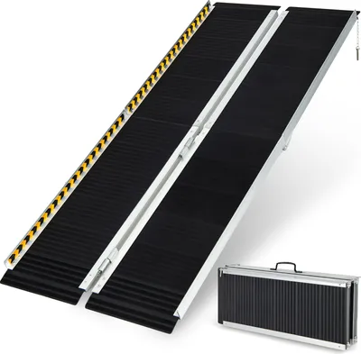 Produktbild von GOPLUS Rollstuhlrampe aus Aluminium, tragbare Aluminiumrampe mit Übergangsplatte & Rutschfester Oberfläche & reflektierendem Warnaufkleber, Klapprampe für Treppen, Kofferraum (183 x 74 cm)