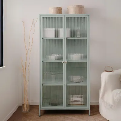 Immagine prodotto di Vetrina in vetro scanalato temperato e acciaio laminato verde menta 2 ante Milton52A 80x40x160H