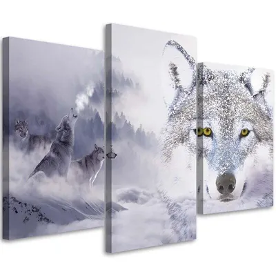 Produktbild von Triptychon auf leinwand weißer wolf vor einem berghintergrund 60x40 cm Feeby grau wandbild bereit zum aufhängen