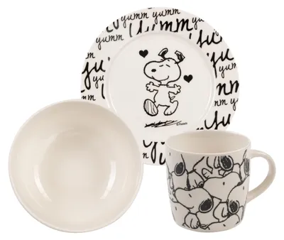 Produktbild von The Peanuts Frühstücksset - Snoopy Geschirr Set 3-teilig Teller, Schale & Tasse aus Porzellan Weiß/Schwarz