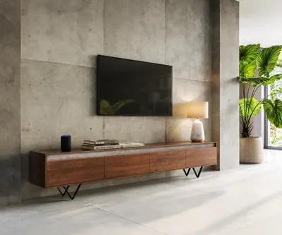 Produktbild von DELIFE Lowboard Stonegrace 240 cm Akazie Braun Schiefer 4 Türen V-Fuß Schwarz