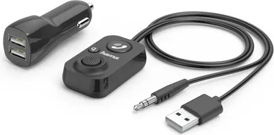 A black car charger with two USB ports, a Bluetooth hands-free device with a call button and a rotary dial, and a USB to 3.5mm audio cable are arranged on a white background.