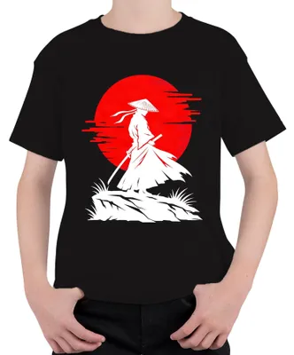 Obrázek produktu pro Samuraj, ronin, válečník, katana, červené slunce, Japonsko, Bushido, Y2K, meč, dětské tričko, černá barva, velikost 128