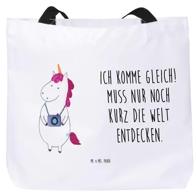 Produktbild von Mr. & Mrs. Panda Tote Bag Einhorn Fotograf - Weiß - Geschenk, Urlaub, Laptoptasche, Reisetasche, Einhörner, Strandtasche, Unicorn, Städtereise, Reise, Stoffbeutel, Tasche