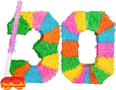 Produktbild von Fax Potato Pinata-Set zum 30. Geburtstag mit Stock und Augenbinde – rosa Stab
