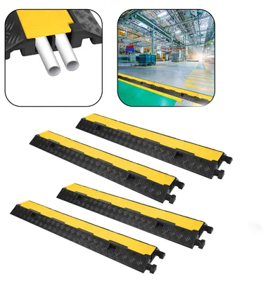 Produktbild von YARDIN 4‑teilige Kabelschutz‑Überfahrrampe aus Gummi, 2‑Kanal Kabelbrücke, modular verbindbar, Schwarz‑Gelb, für Veranstaltungen und Außeneinsätze