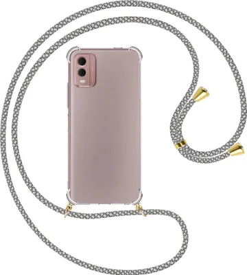 Produktbild von Handykette Backcover-Schutzhülle mit Band (Metall goldfarben) für Nokia C32 4G (6.5'') - weiß/grau kariert