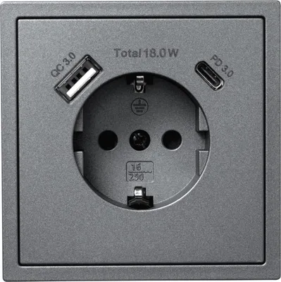Produktbild von Schutzkontakt-Steckdose McPower "Shallow", 1x USB-C - 18W Quickcharge - 1x USB-A, anthrazit, matt