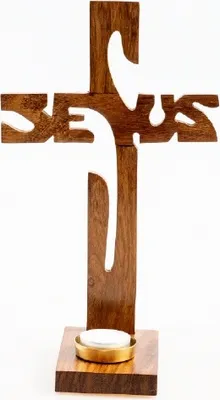 Produktbild von Stehkreuz "Jesus" in Holz 29 cm mit Teelichthalter