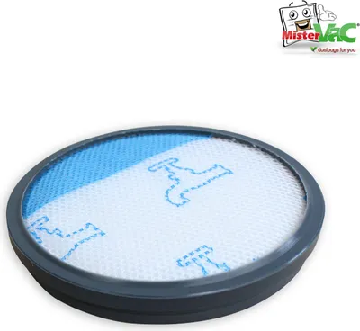 A round vacuum cleaner filter with a blue and white mesh pattern and a gray rim, set against a white background. A logo is visible in the top right corner.