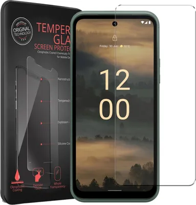 A product package for a phone screen protector is shown next to a phone with a screen protector applied.