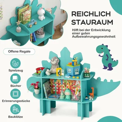 Image de Bibliothèque dinosaure pour enfants, organisateur de rangement de jouets avec étagères ouvertes