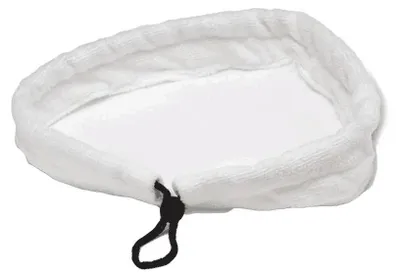 A white microfiber pad with a drawstring closure.