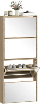 Image de Armoire à chaussures - Meuble à chaussures étroit avec miroir - 4 portes battantes - Pour 12 paires de chaussures - 63×17×146 cm - Naturel