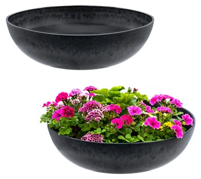 Produktbild von 3.06 Pflanzschale 2er Set massiv aus Kunststoff  - ca. Ø 30 x 9 cm - Pflanzkübel rund in schwarz marmoriert (2 Stück)