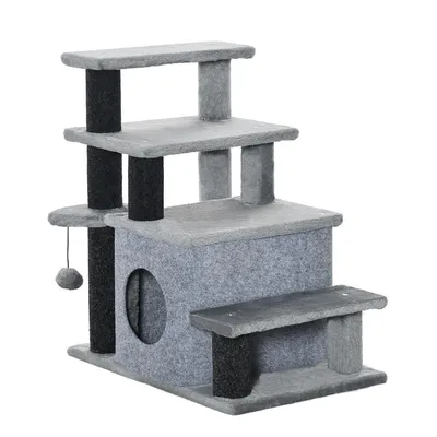 Obrázek produktu pro Schody pro domácí mazlíčky s pelíškem a míčkem 4stupňové schody pro kočky Škrabadlo pro kočky 60 x 40 x 66 cm černá+šedá