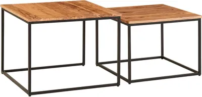 Produktbild von Wohnzimmertisch 2er Set Akazie Massivholz / Metall Beistelltisch Eckig, Design Couchtisch mit Metallbeine Sofatisch, Tischset 2-teilig Satztisch