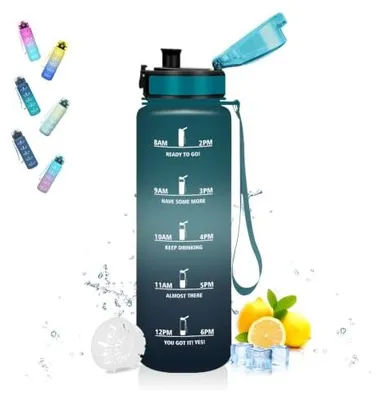 Produktbild von Mujigaga Wasserflasche 1l, Auslaufsicher, mit Zeitmarkierung, Sport Trinkflasche