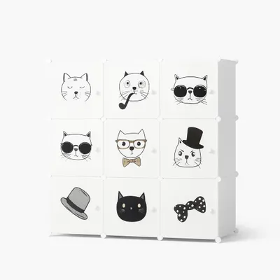 A modular cabinet with 9 compartments, each featuring a different cartoon cat illustration.
