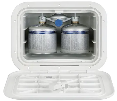 Produktbild von Kompakter Gaskasten aus Kunststoff, für 2 CV450/500 Gasflaschen, inkl. Regler, Absperrhahn & Belüftung, zum Einbau in Boote & Campingmobile