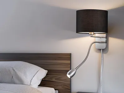 Produktbild von Trio Wandleuchte HOTEL mit Leselicht & Stoffschirm Schwarz