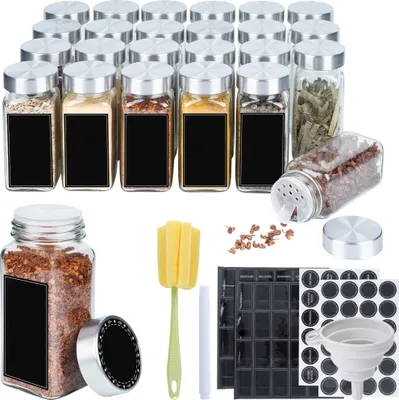 Image de LZQ 24 pcs. Set de bocaux à épices de ménage, 120ml saupoudreur d'épices avec couvercle en acier inoxydable avec entonnoir pliable, autocollants, brosse de nettoyage & stylo marqueur boîtes à épices