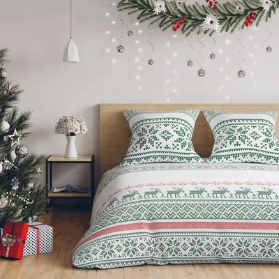 Obrázok produktu pre Súprava posteľnej bielizne zo 100 % bavlneného flanelu 135x200 + 80x80 * 1 Vianočné motívy losa a soba zelená