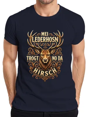 Produktbild von Mei Lederhosn trogt no da Hirsch Bayern Alpen Lederhose Dirndl Herren T-Shirt, Navy, S