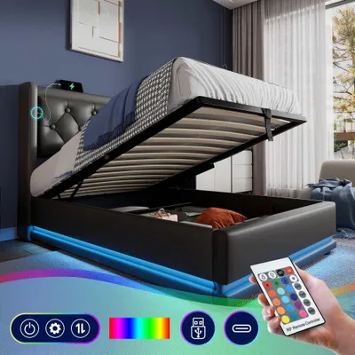 Produktbild von Schwarzes Einzelbett mit Stauraum, gepolstertem Kopfteil, USB-C Ladeanschluss und LED, PolyurethanMaterial, 90x200 cm, ohne Matratze