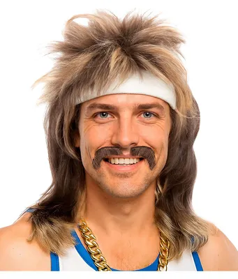 Produktbild von Vokuhila Perücke mit Schnurrbart Blond - 80er Jahre Mullet Perücke One Size für Erwachsene - Uni Kostümzubehör für Fasching, Karneval, Halloween & Mottoparty
